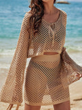 Full Size Openwork Flare Sleeve Top and Skirt Cover Up Set - felvior