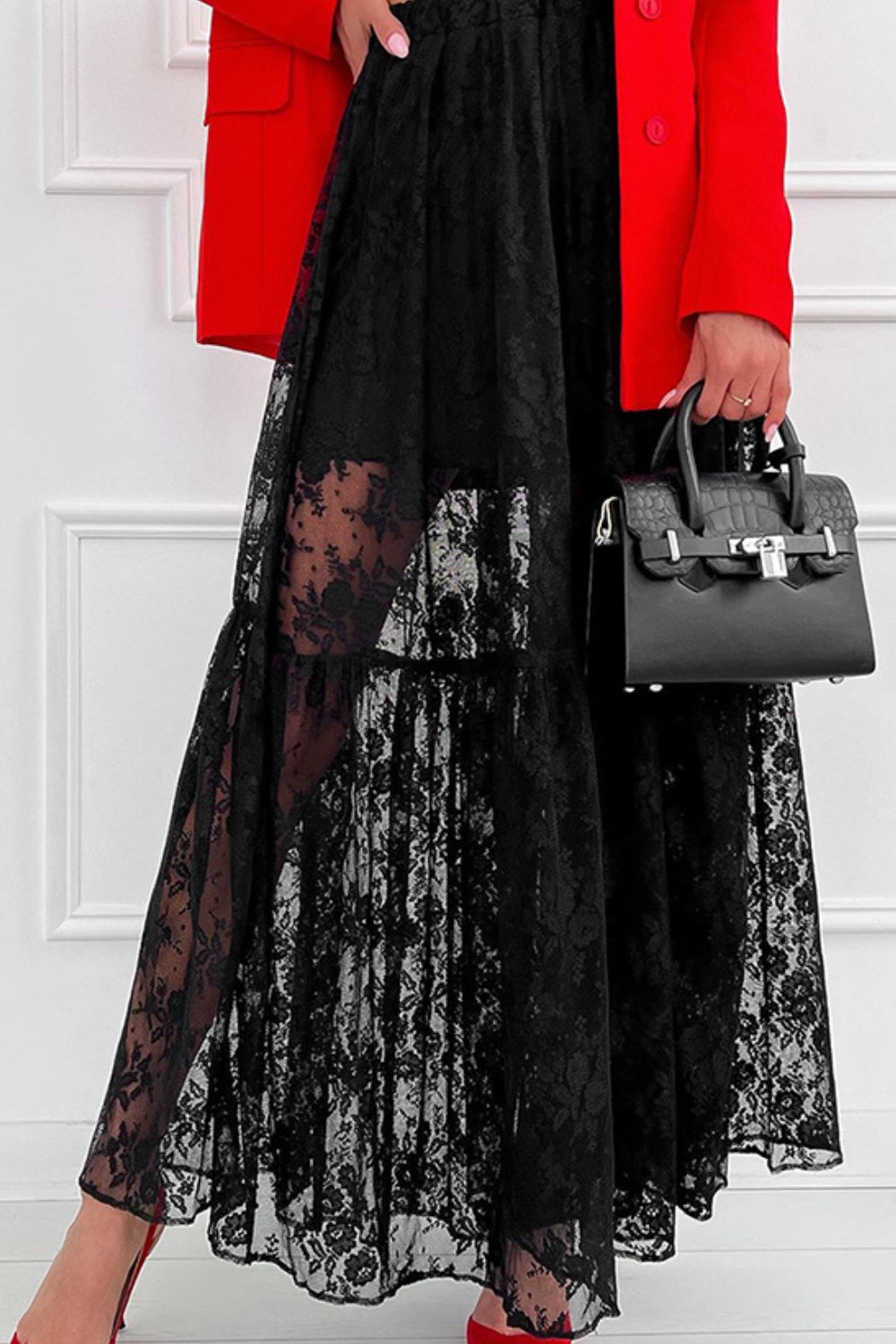 Lace Elastic Waist Maxi Skirt - felvior