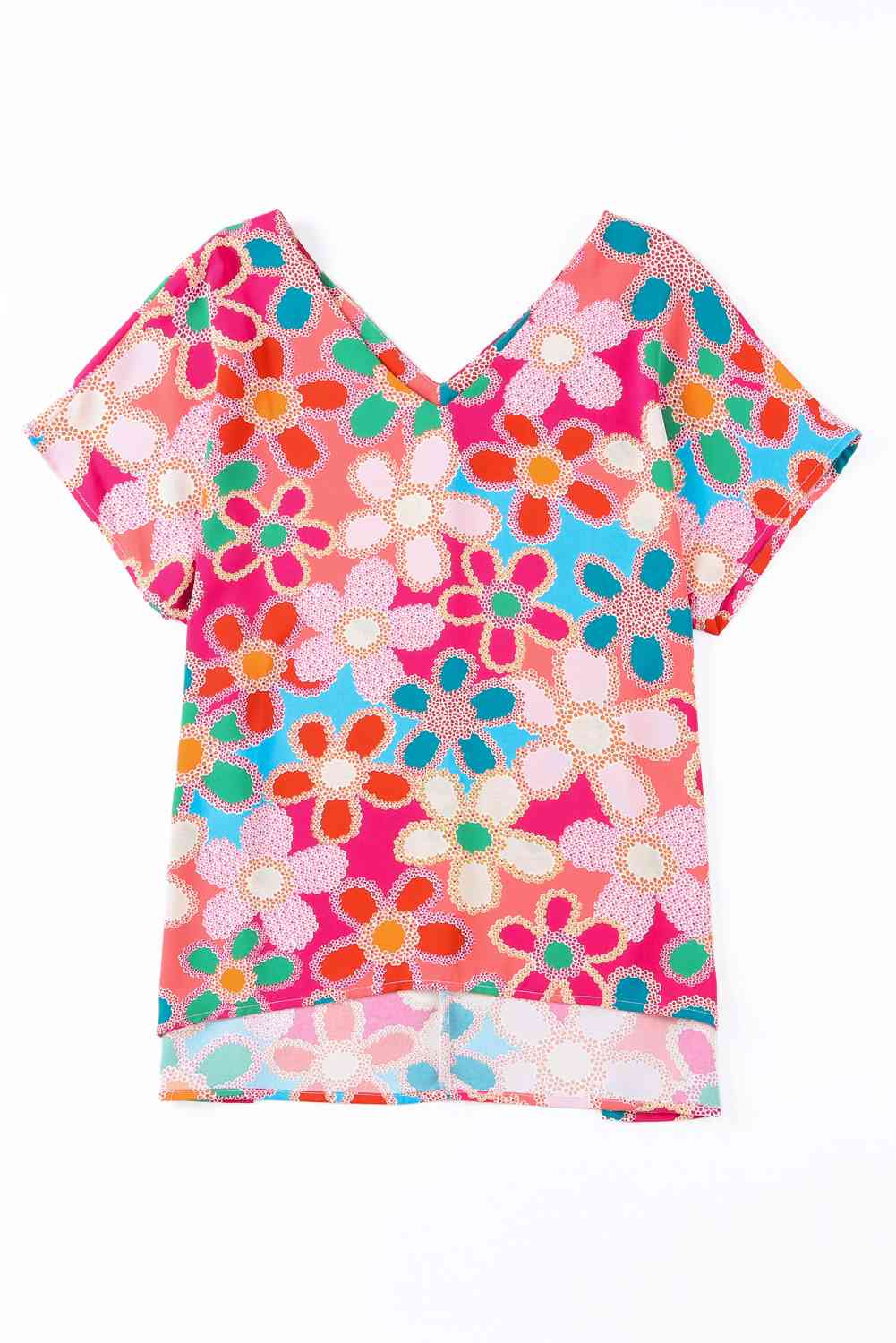 High-Low V-Neck Short Sleeve Blouse - felvior