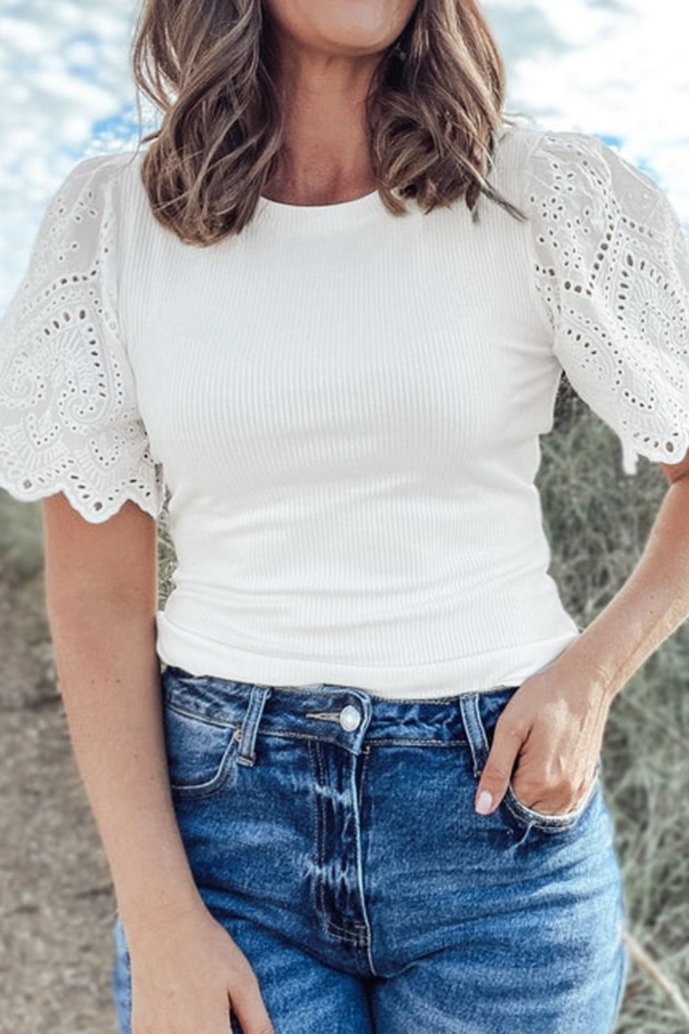Eyelet Short Sleeve Patchwork Ribbed Top - felvior