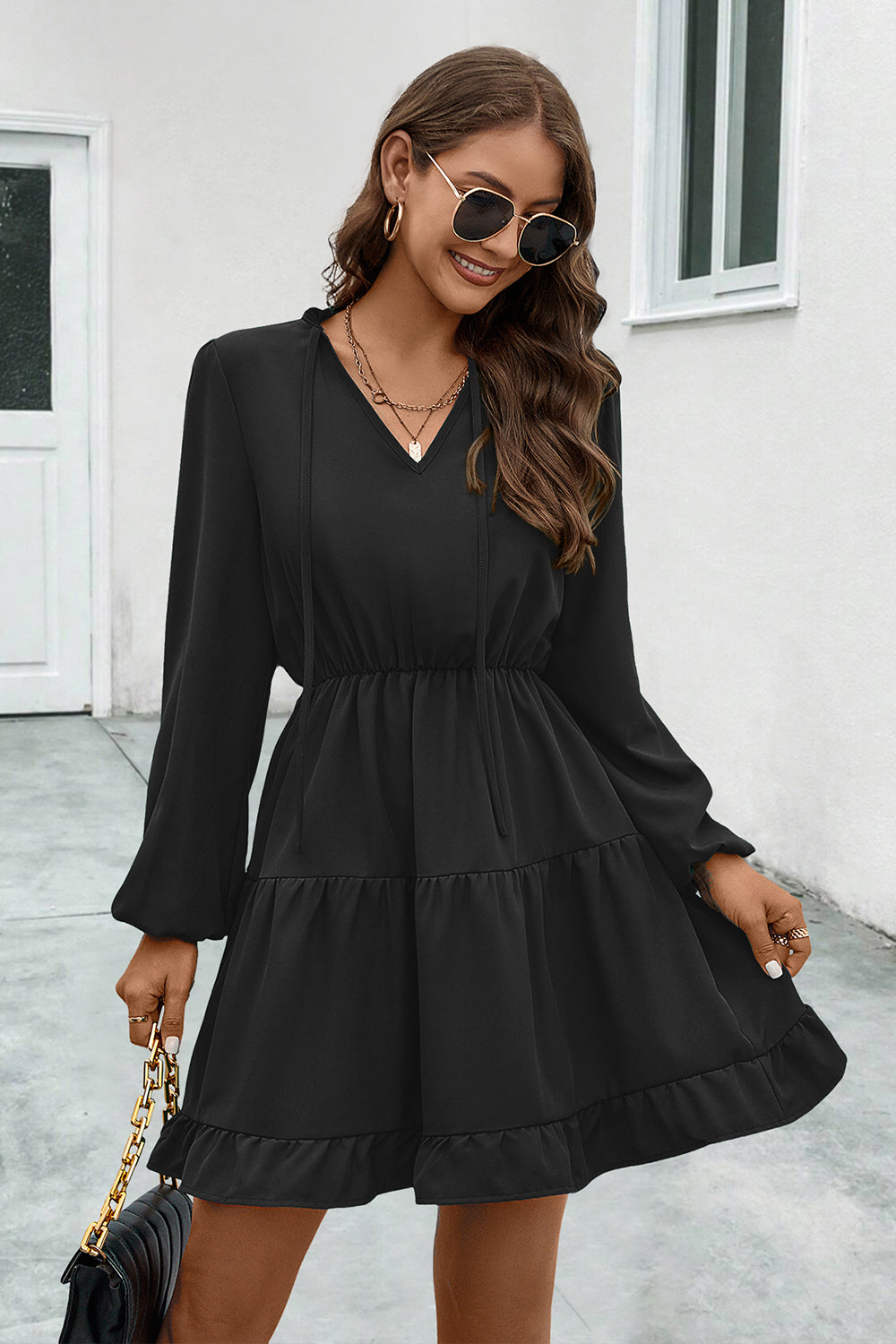 V-Neck Tie Neck Long Sleeve Dress - felvior