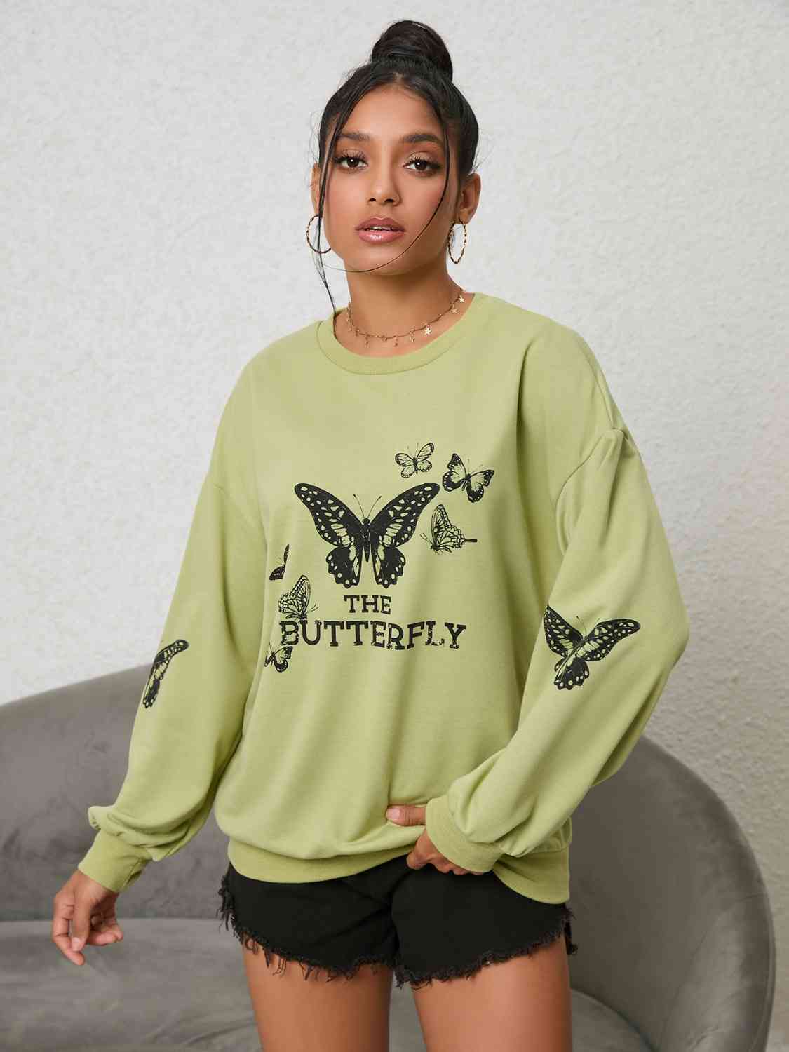 Butterfly Graphic Drop Shoulder Sweatshirt - felvior