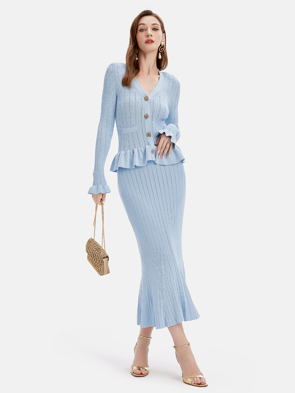 Ruffled V-Neck Top and Midi Skirt Sweater Set - felvior