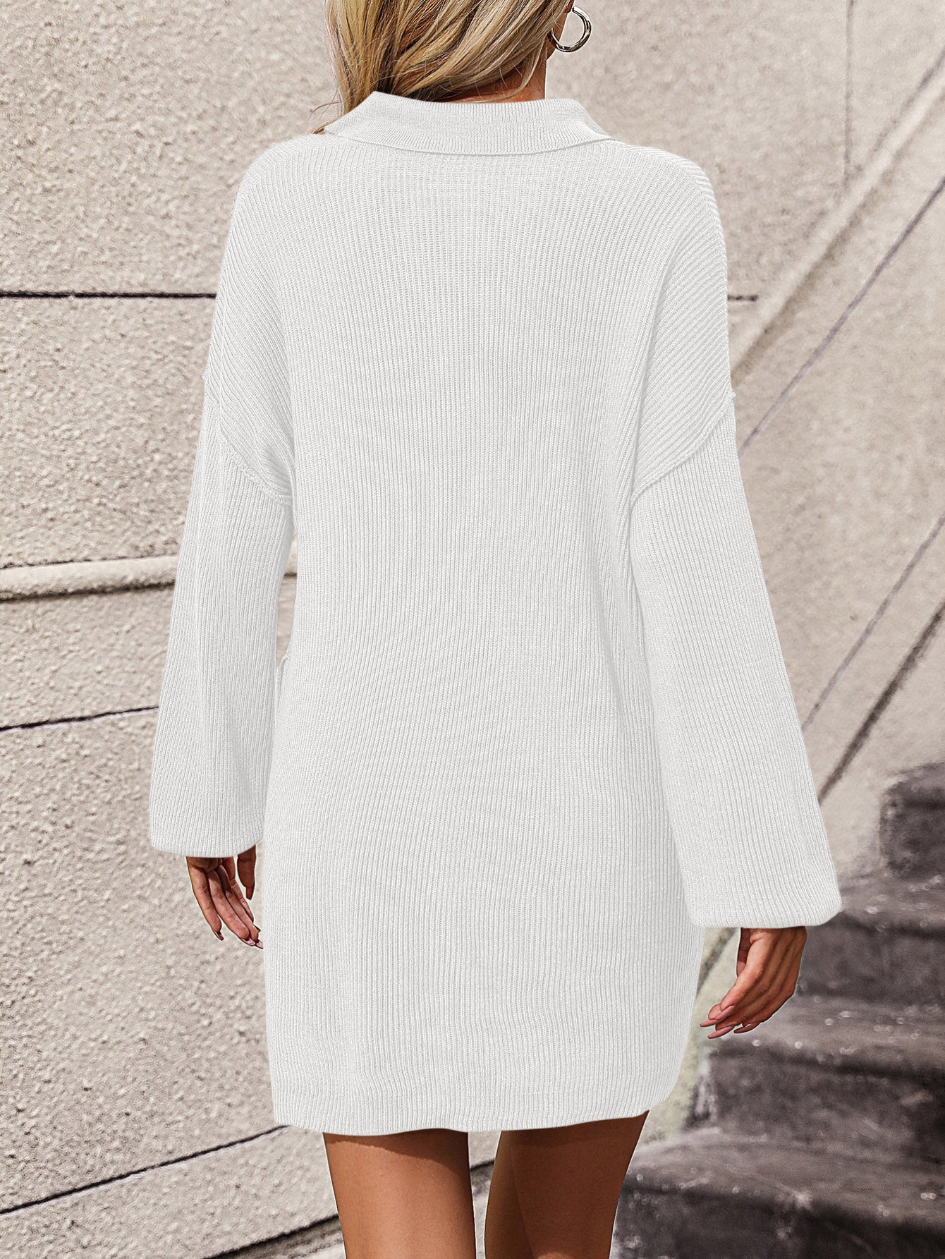 Collared Neck Long Sleeve Sweater Dress with Pockets - felvior