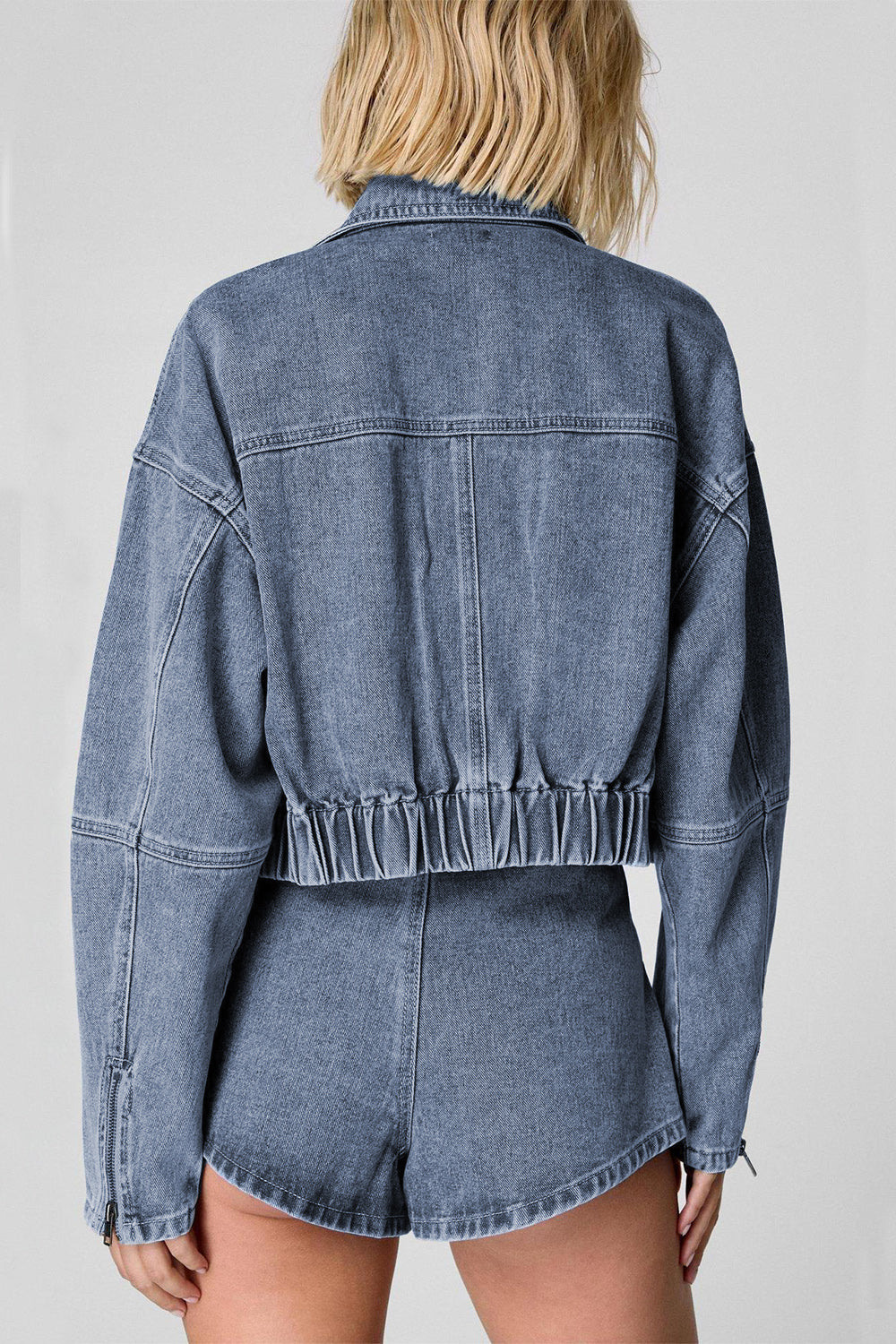 Zip Up Jacket and Drawstring Shorts Denim Set - felvior