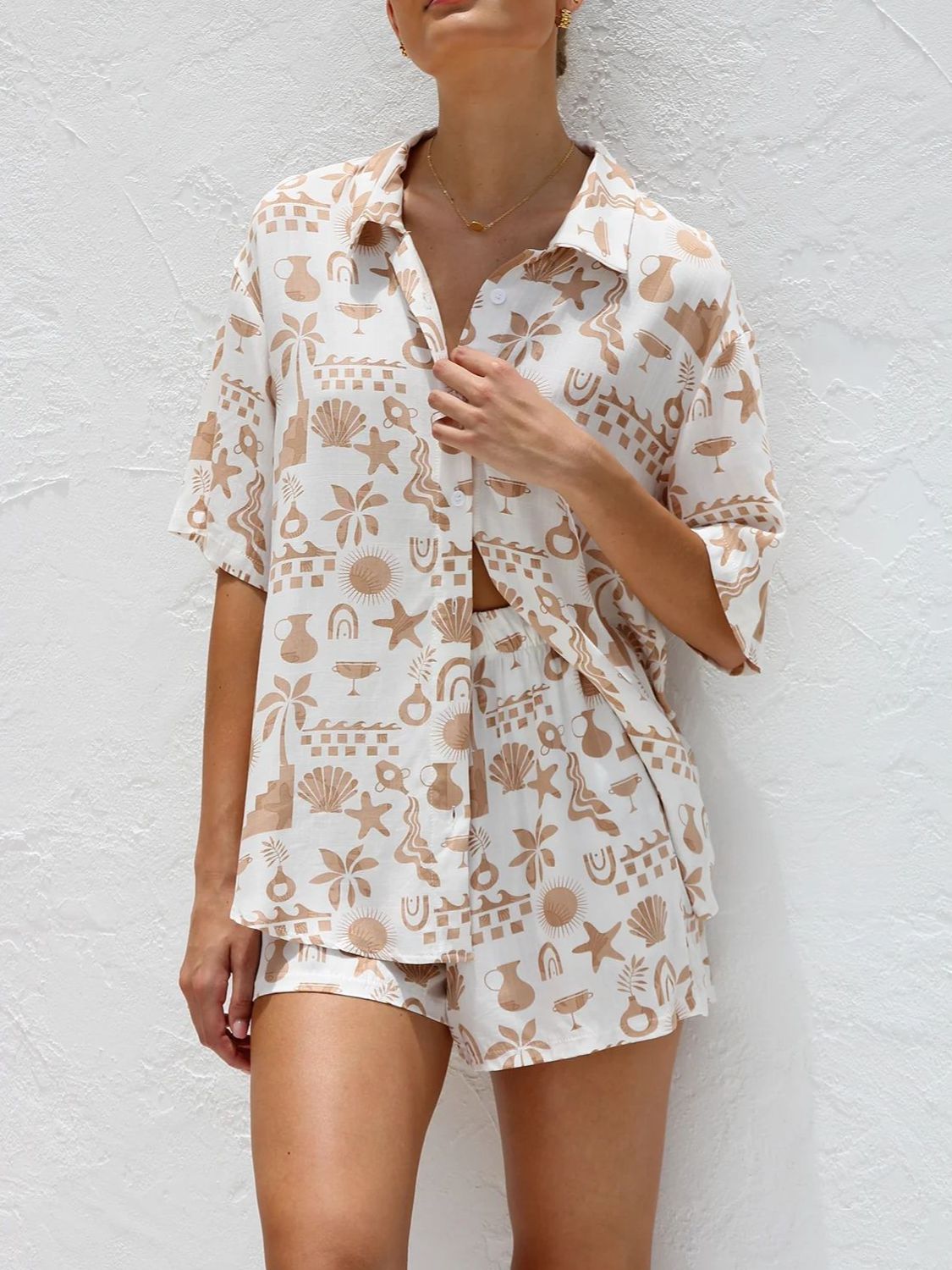 Printed Button Down Short Sleeve Top and Shorts Set