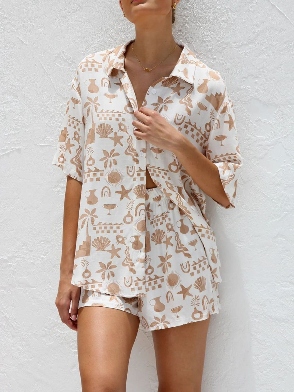 Printed Button Down Short Sleeve Top and Shorts Set