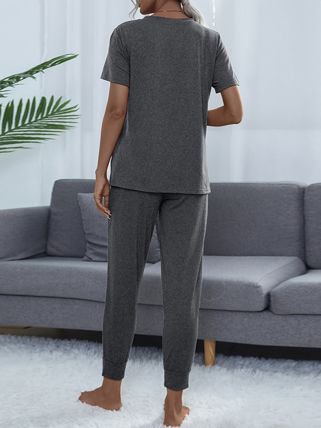 Shiny Round Neck Short Sleeve Top and Pants Set - felvior