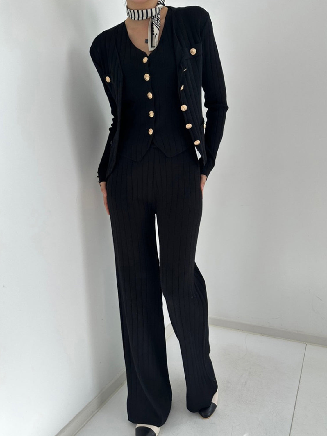 V-Neck Tank, Cardigan and Pants Three-Piece Sweater Set - felvior