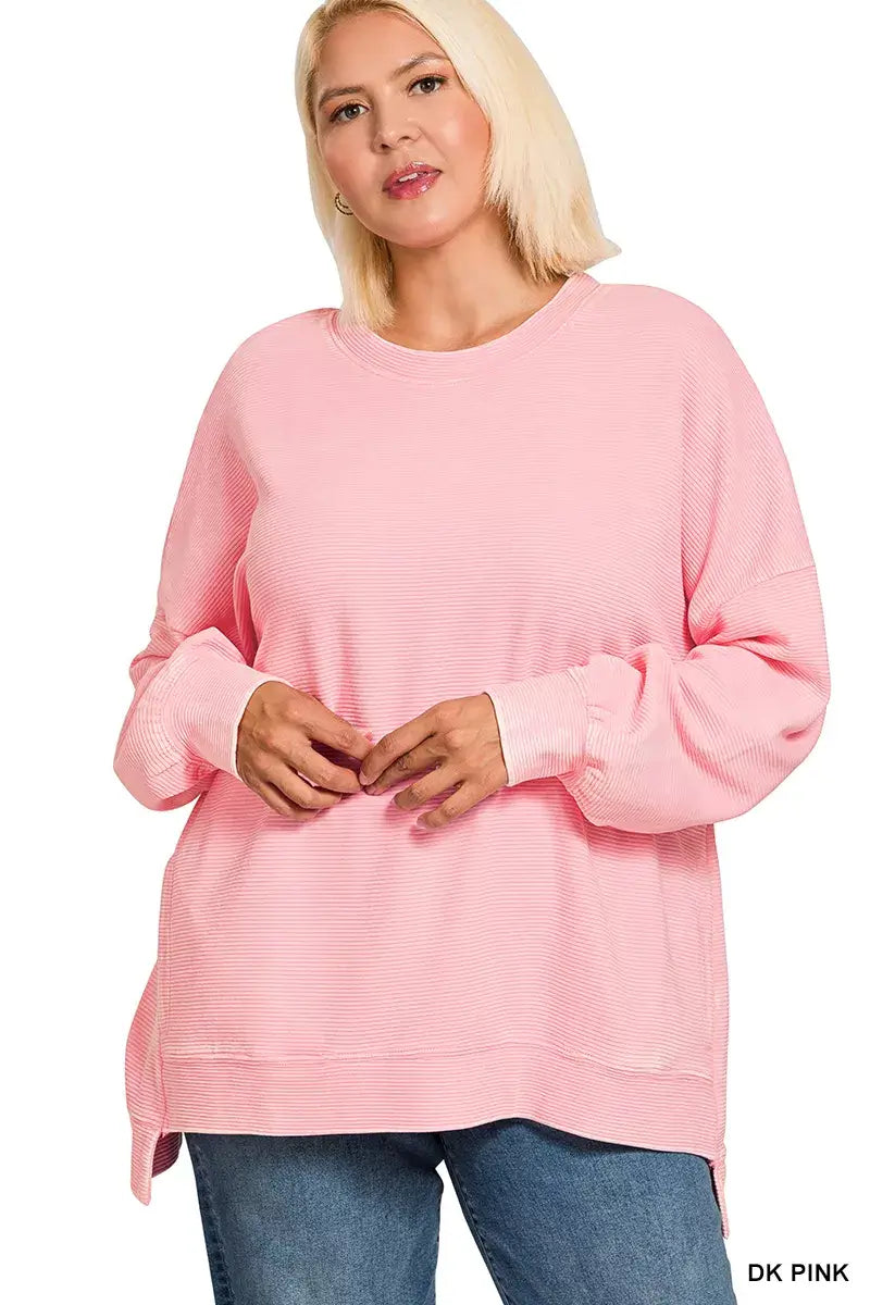 Zenana Full Size Acid Washed Double Ribbed Hi-low Sweatshirt Plus Size