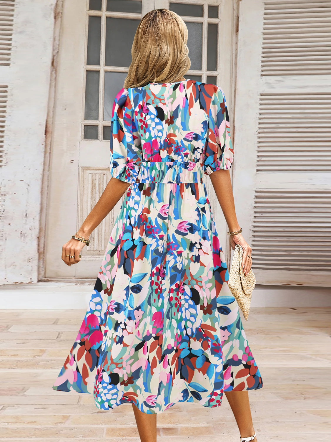 Ruched Printed Surplice Short Sleeve Dress - felvior