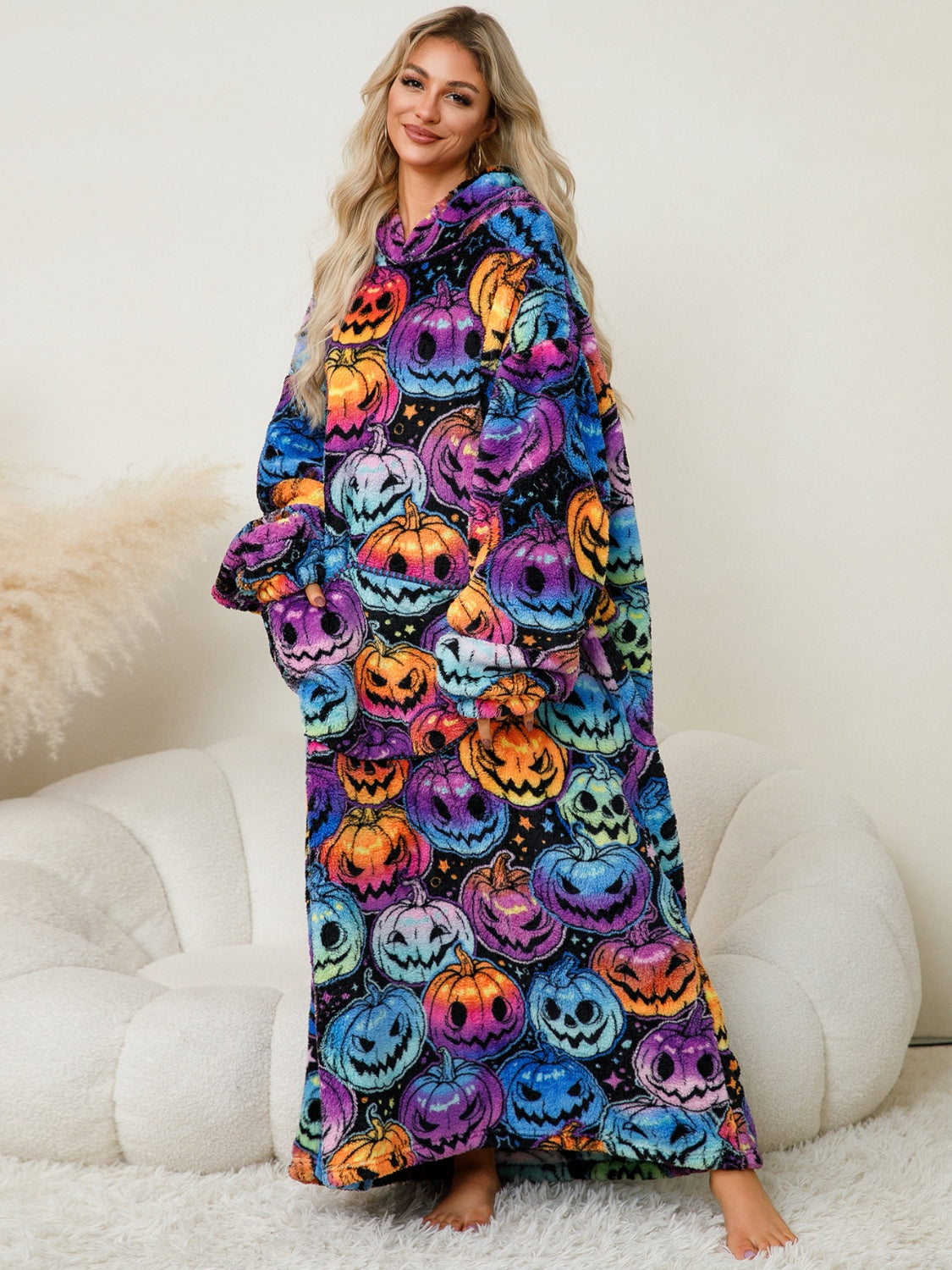 Fuzzy Pocketed Long Sleeve Hooded Lounge Dress - felvior