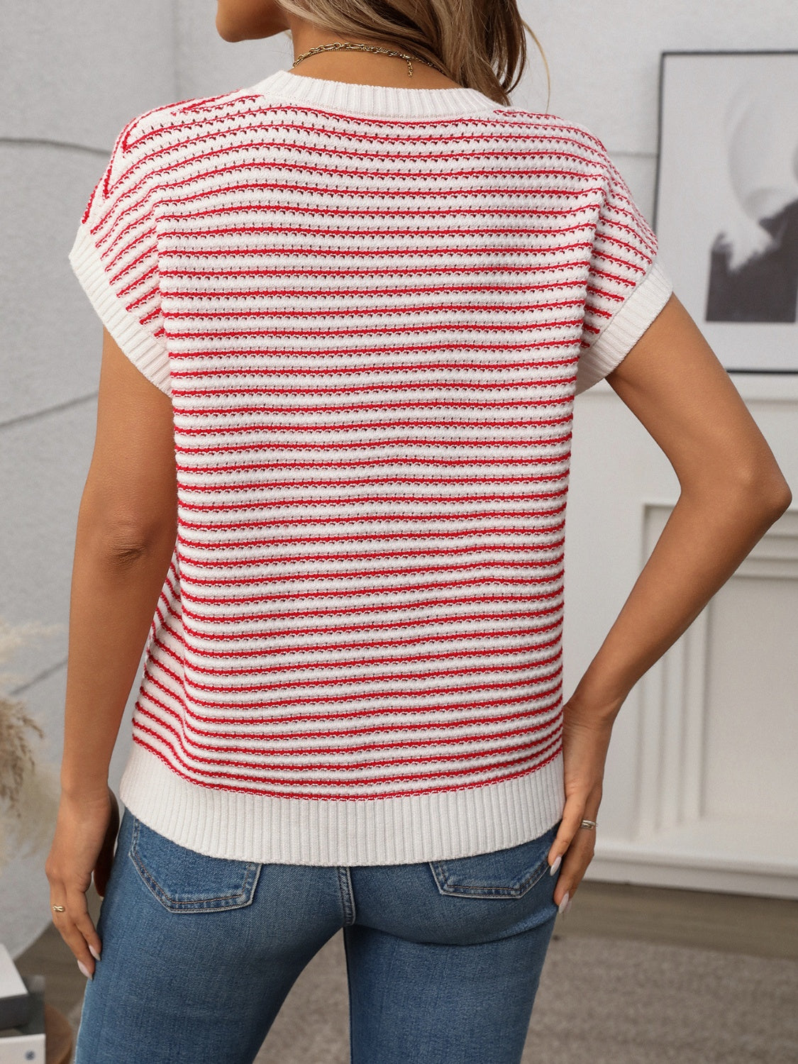 Striped Round Neck Short Sleeve Knit Top - felvior