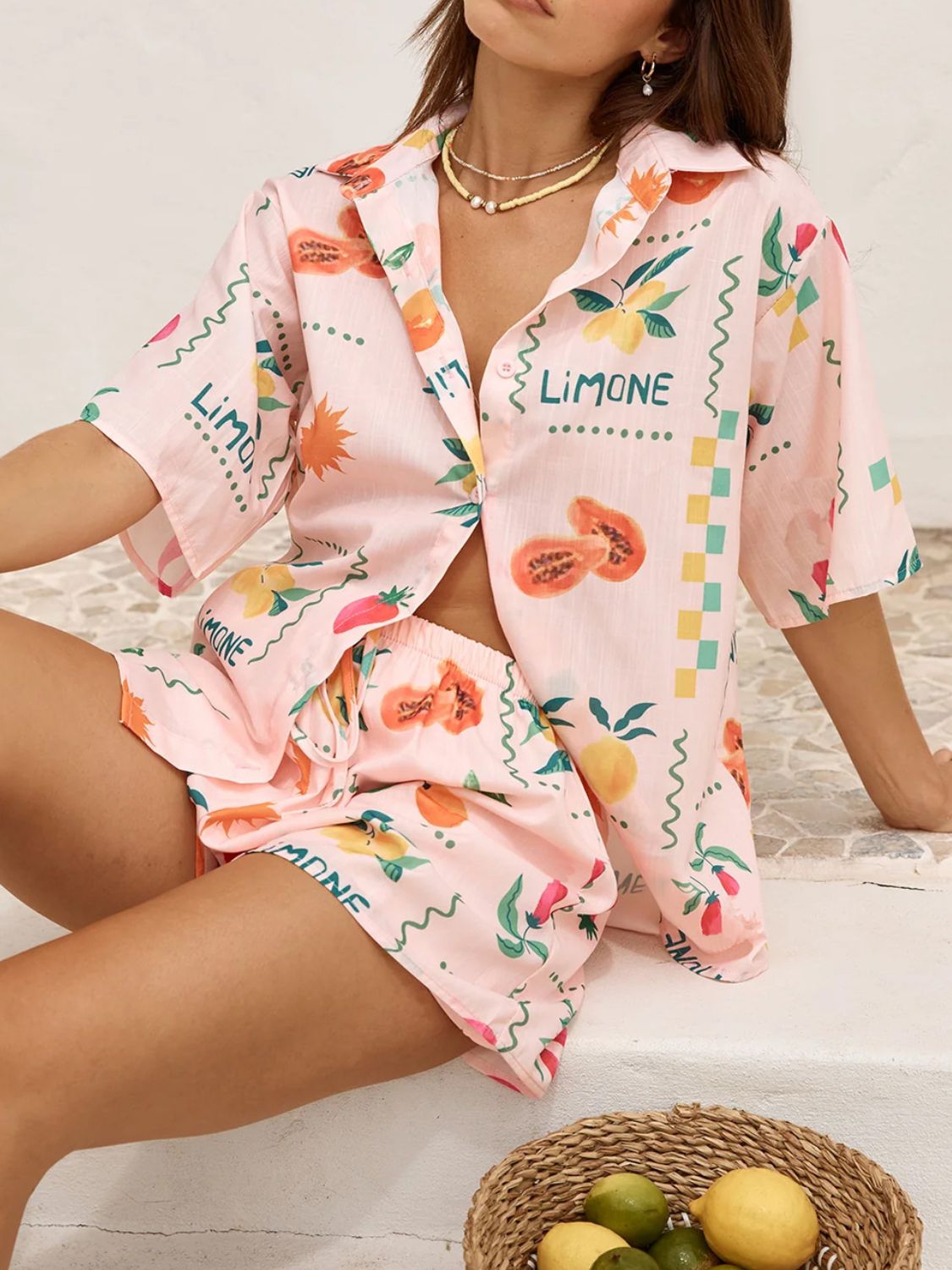 Printed Button Down Shirt and Shorts Set - felvior