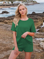 Round Neck Short Sleeve Top and Shorts Sweater Set