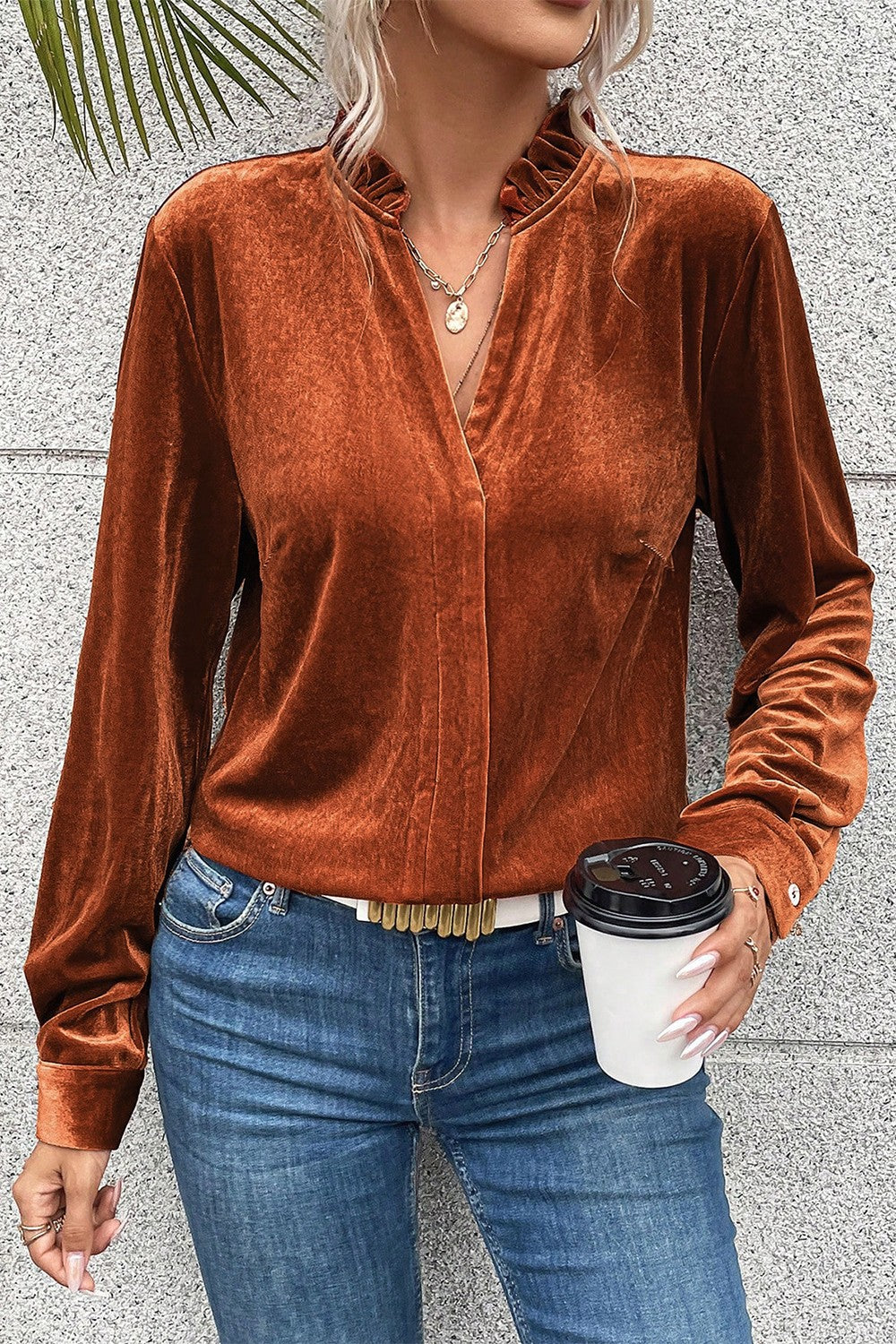 Notched Frill Detail Long Sleeve Blouse - felvior