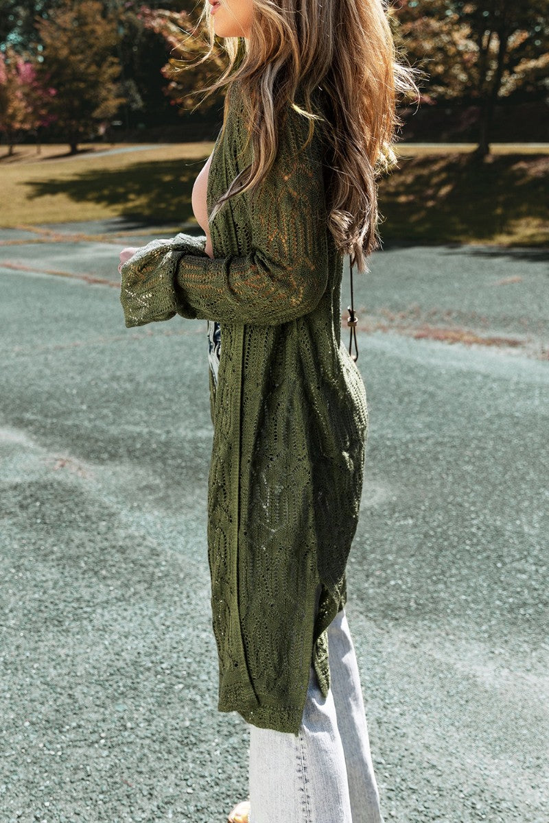 Openwork Open Front Long Sleeve Cardigan - felvior