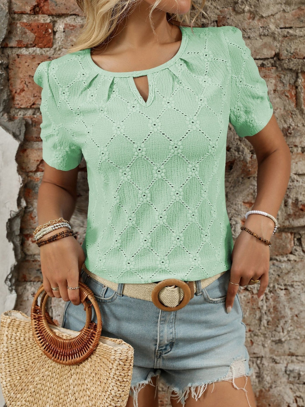 Eyelet Round Neck Short Sleeve Top