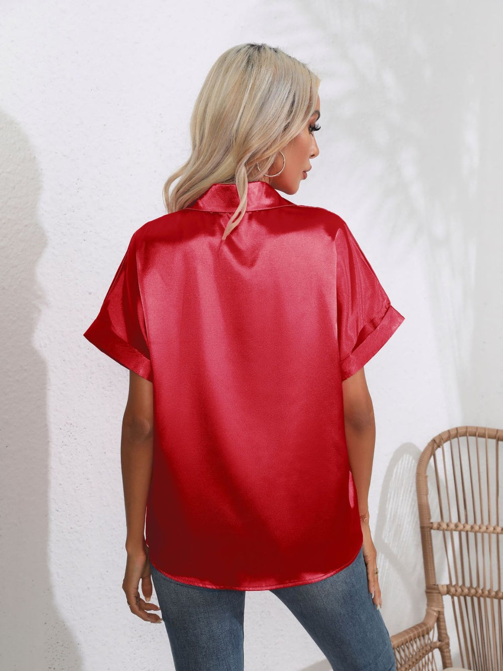 Button Down Collared Neck Short Sleeve Satin Shirt