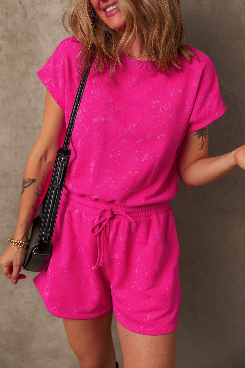 Mineral Wash Hollow Out Back Drawstring Waist Romper