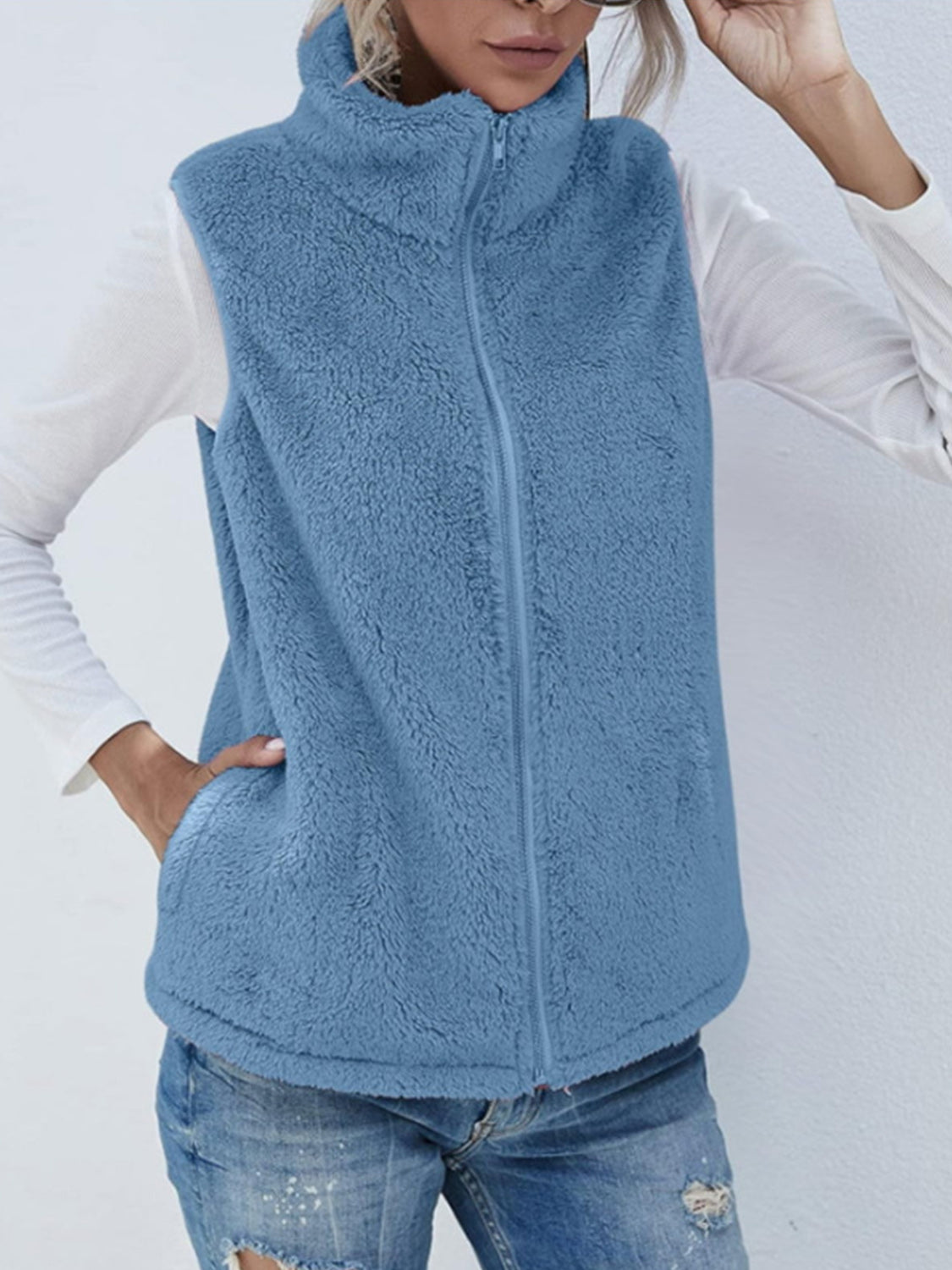 Full Size Fuzzy Zip Up Vest Coat with Pockets - felvior