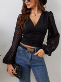 Lace Patchwork Plunge Long Sleeve Blouse - felvior