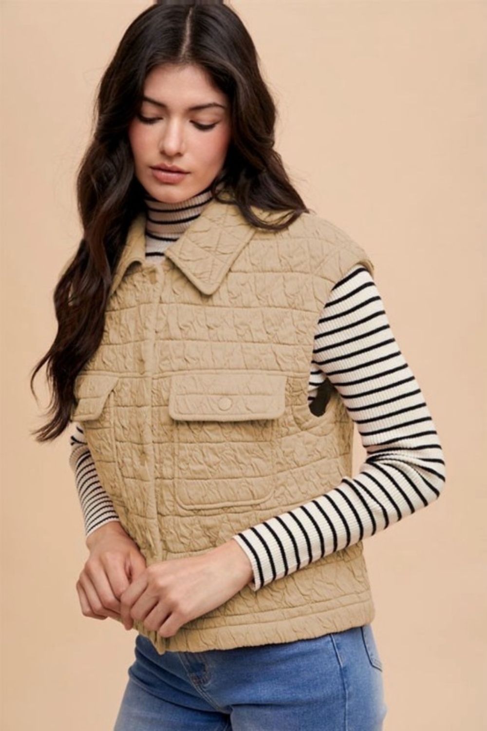 Annie Wear Texture Quilted Snap Down Vest Coat - felvior