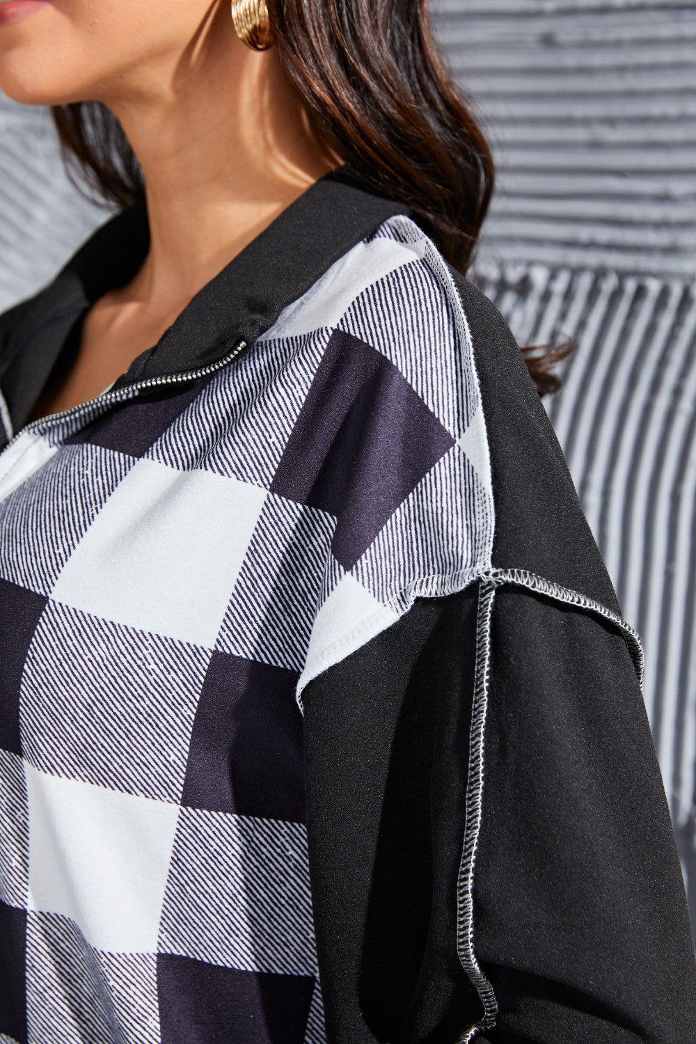 Plaid Exposed Seam Long Sleeve Blouse - felvior