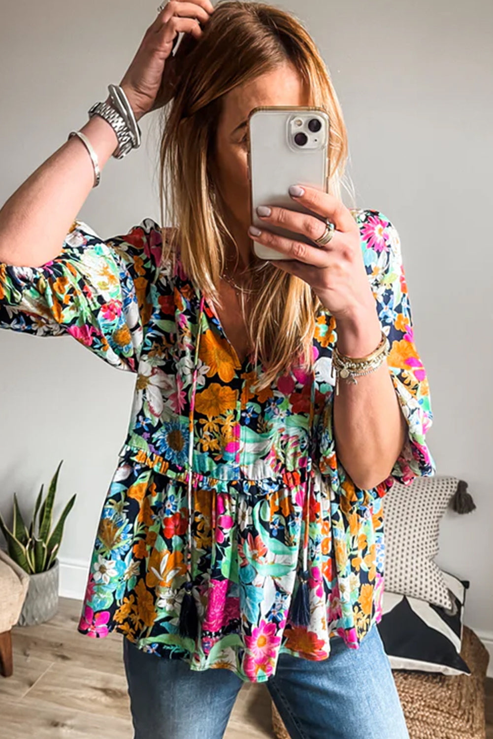 Floral Tie Neck Balloon Sleeve Blouse - felvior
