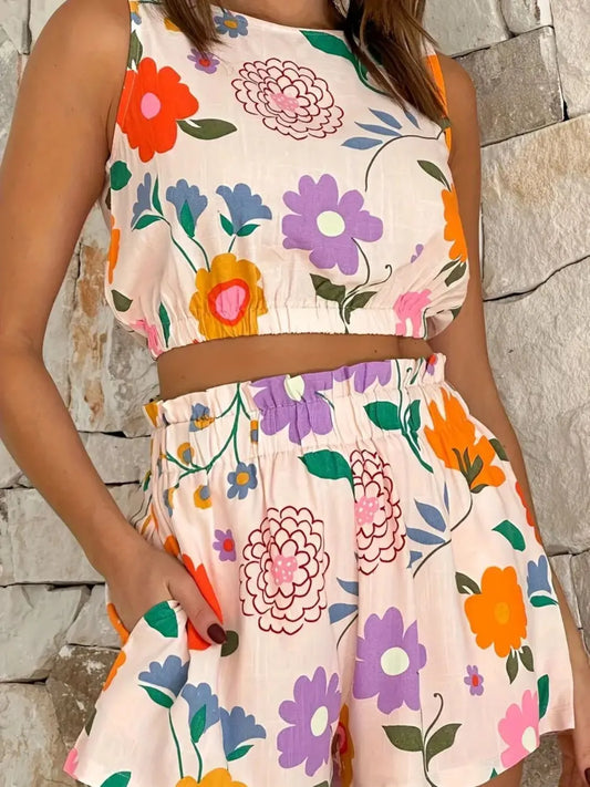 Floral Round Neck Tank and Shorts Set - felvior