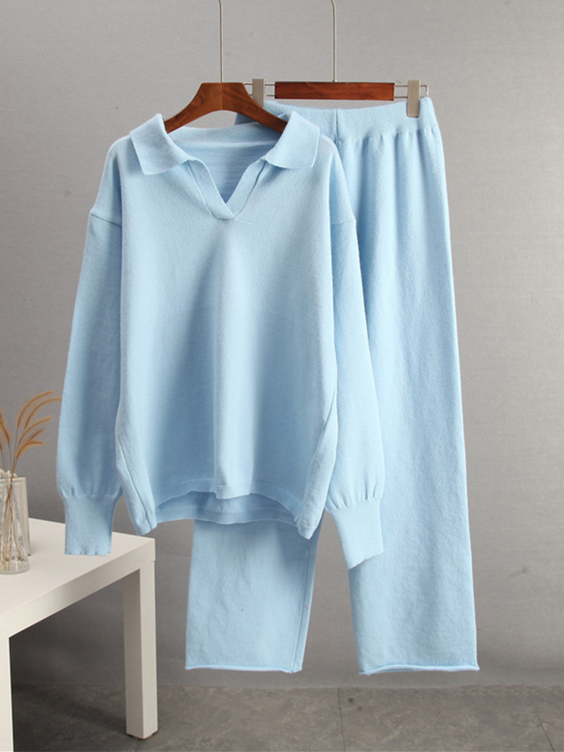 Johnny Collar Long Sleeve Top and Pants Sweater Set - felvior