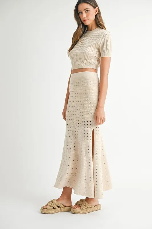 MABLE Pointelle Short Sleeve Crop Top and Slit Skirt Sweater Set - felvior