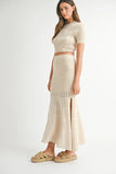 MABLE Pointelle Short Sleeve Crop Top and Slit Skirt Sweater Set - felvior