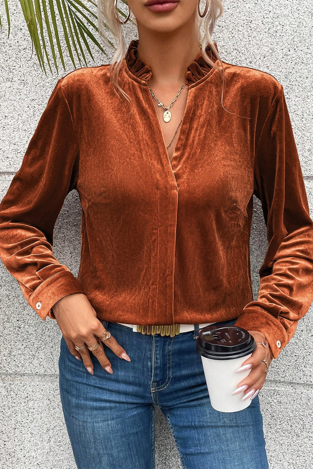 Notched Frill Detail Long Sleeve Blouse - felvior