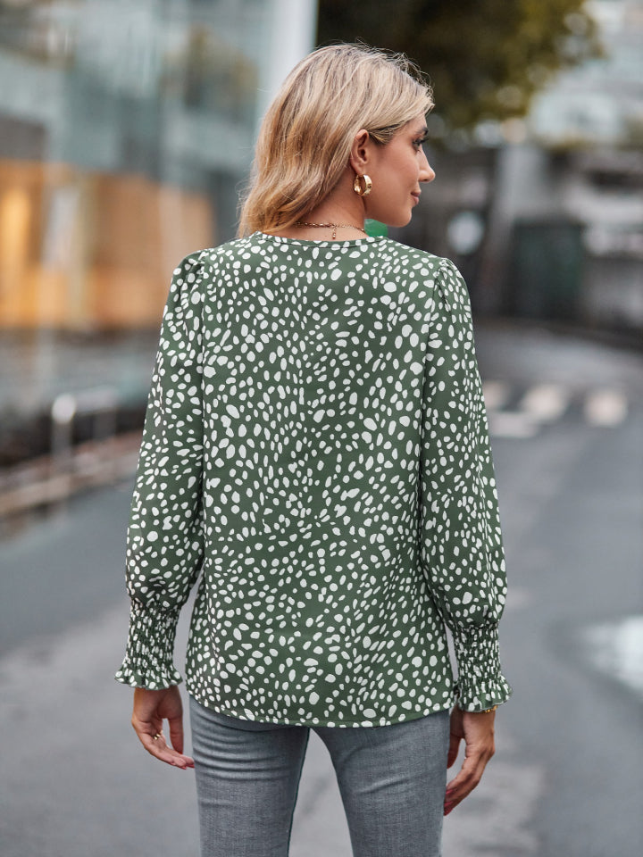 Printed V-Neck Lantern Sleeve Blouse - felvior