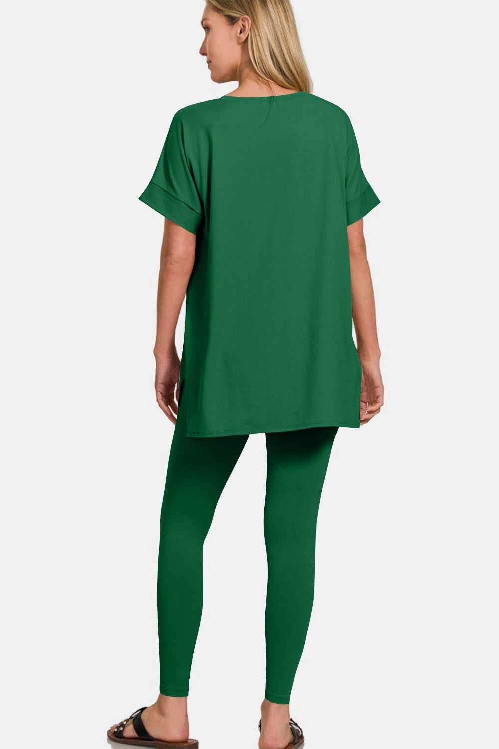 Zenana V-Neck Rolled Short Sleeve T-Shirt and Leggings Lounge Set - felvior