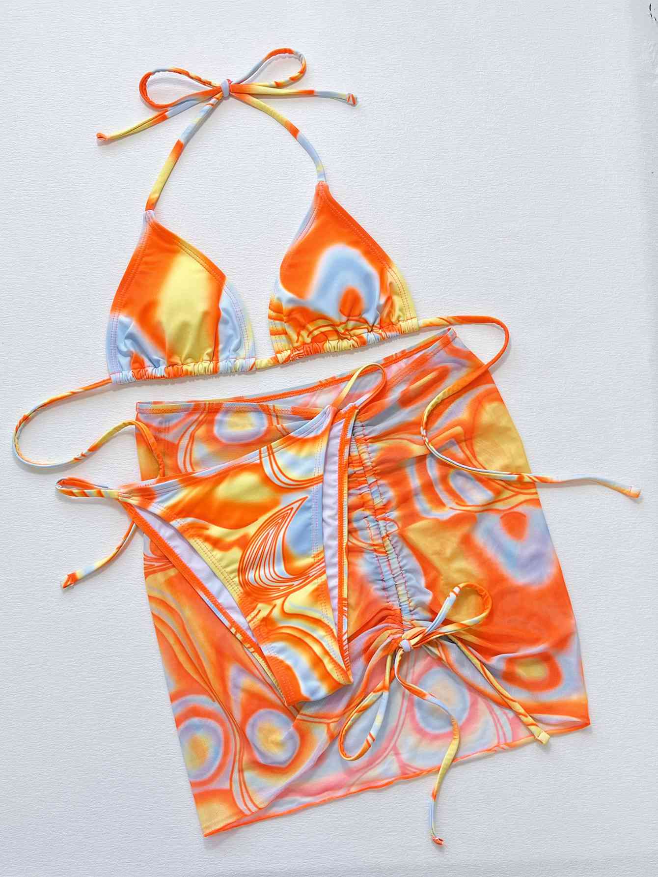 Multicolored Drawstring Ruched Three-Piece Swim Set - felvior