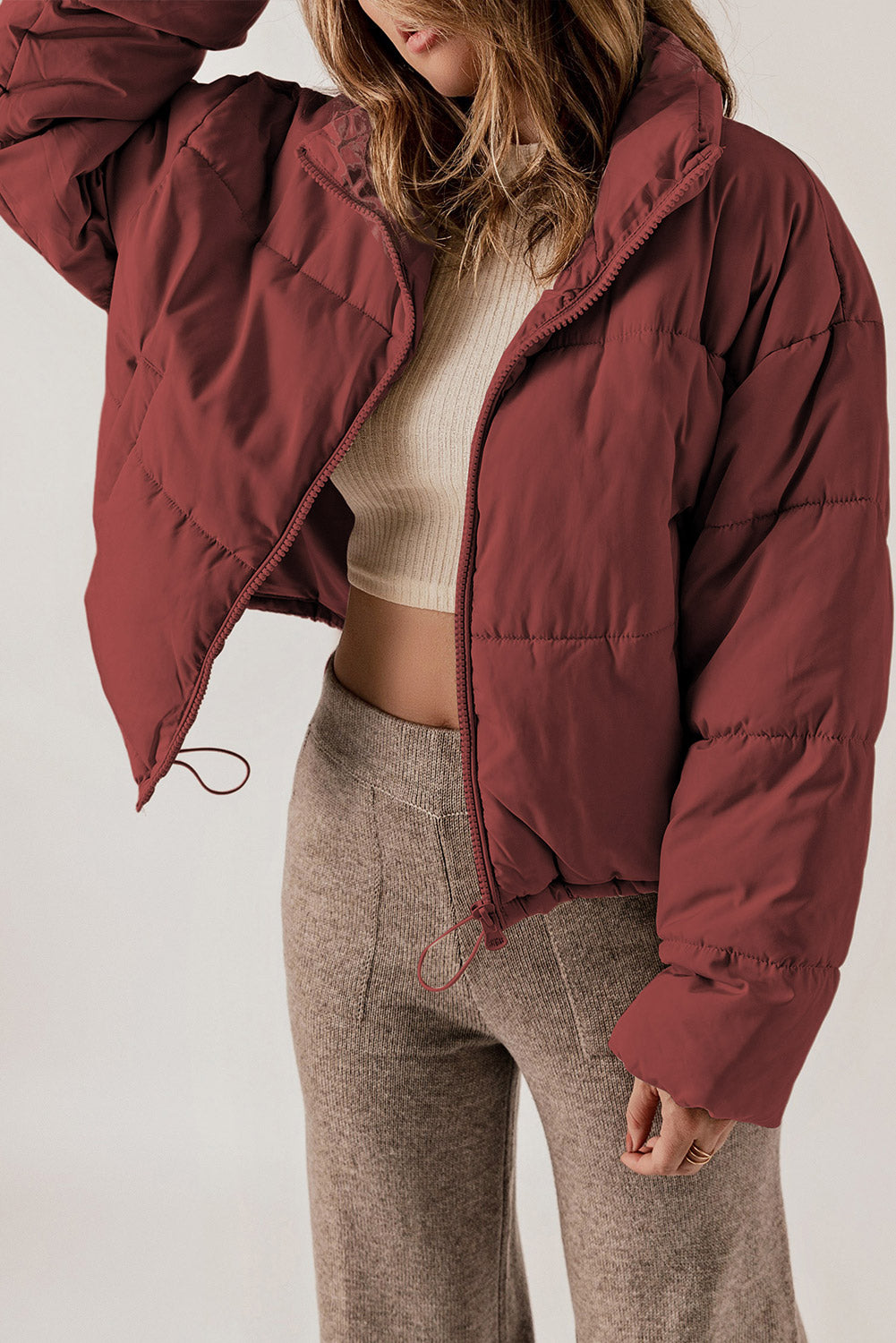 Zip Up Collared Neck Long Sleeve Winter Coat - felvior