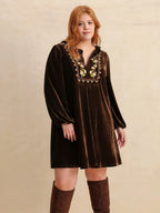 Plus Size Embroidered Notched Balloon Sleeve Mini Dress