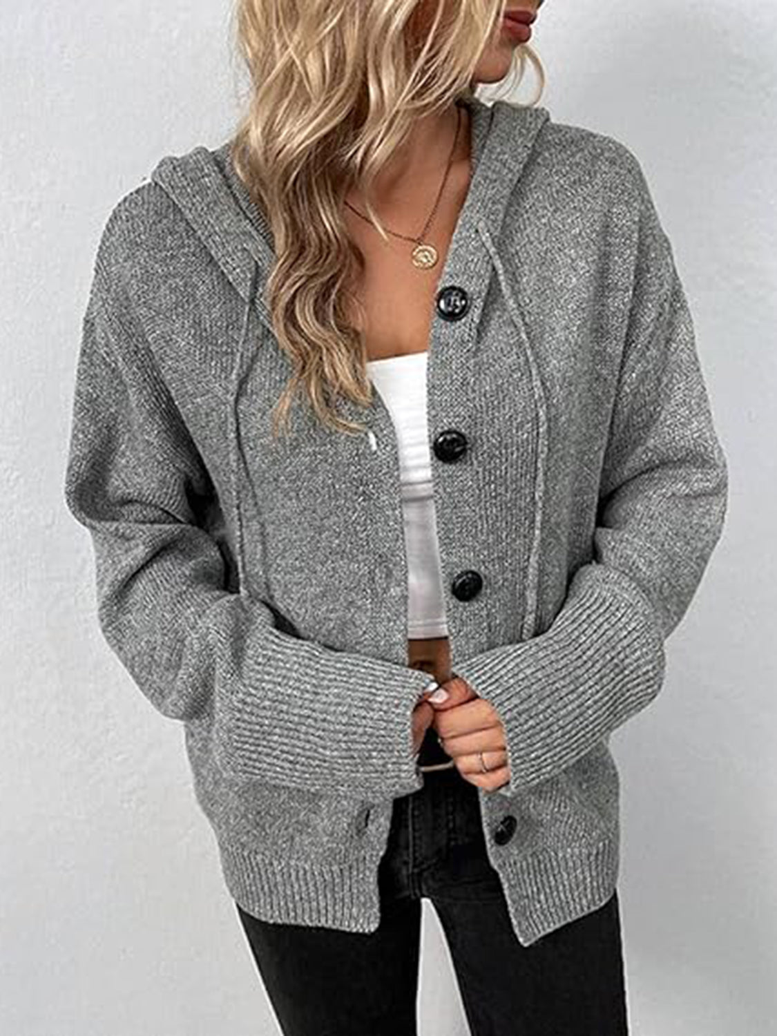Button Up Drawstring Long Sleeve Hooded Cardigan - felvior