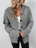 Button Up Drawstring Long Sleeve Hooded Cardigan - felvior