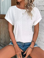 Eyelet Round Neck Short Sleeve T-Shirt