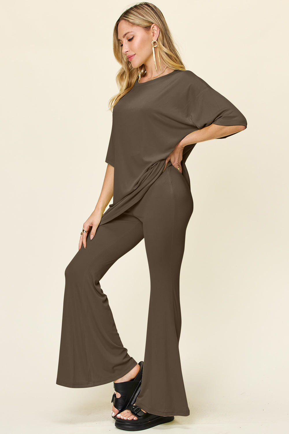 Double Take Full Size Round Neck Drop Shoulder T-Shirt and Flare Pants Set - felvior