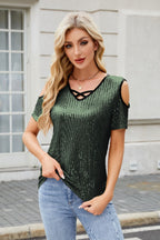 Sequin Cold Shoulder Short Sleeve Blouse