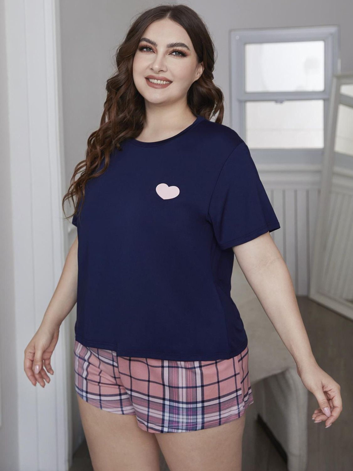 Plus Size Heart Graphic Top and Plaid Shorts Loungewear Set Main image