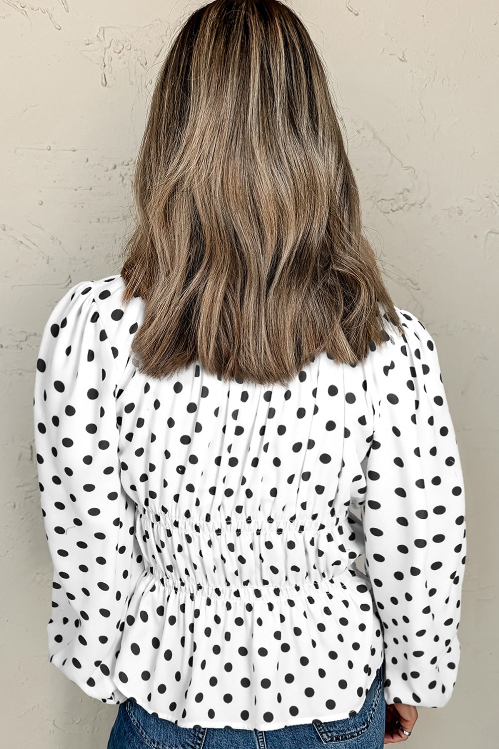 Bow Polka Dot Square Neck Long Sleeve Blouse - felvior