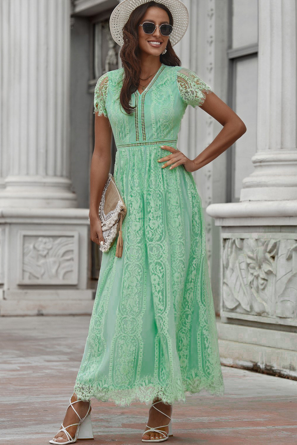 Scalloped Trim Lace Plunge Dress - felvior