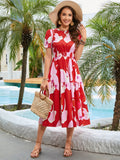 Printed Round Neck Flounce Sleeve Midi Dress - felvior