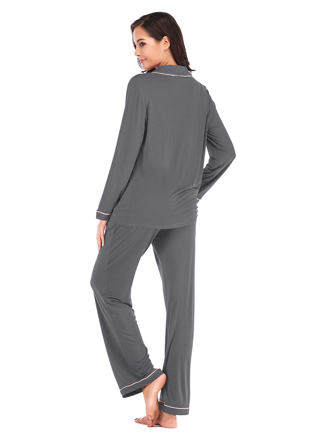 Collared Neck Long Sleeve Loungewear Set with Pockets - felvior