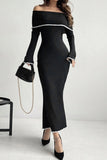 Contrast Trim Off-Shoulder Long Sleeve Maxi Sweater Dress - felvior